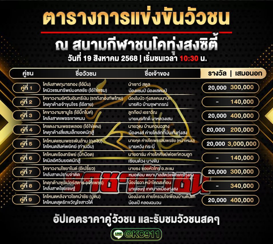 โปรแกรมวัวชนวันนี้ 19-8-2568