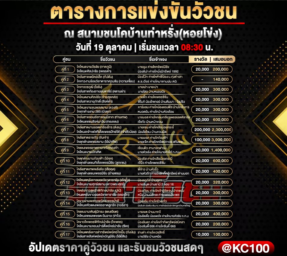 โปรแกรมวัวชนวันนี้ 19-10-2568