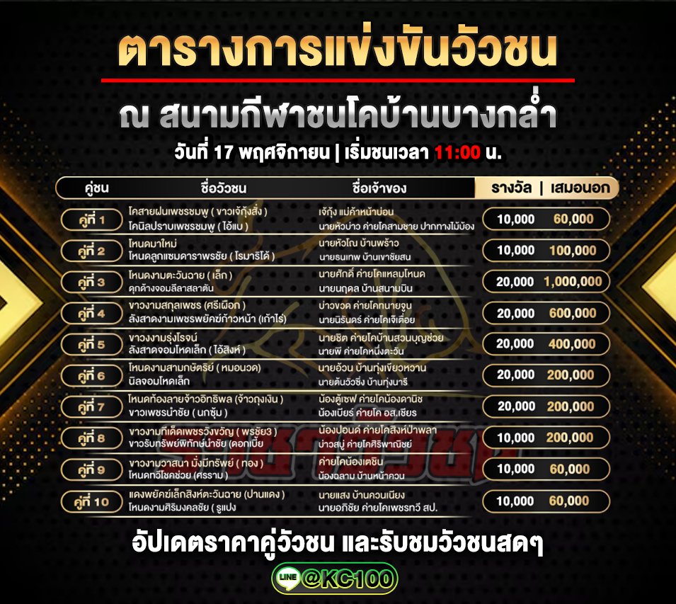 โปรแกรมวัวชนวันนี้ 17-11-2568