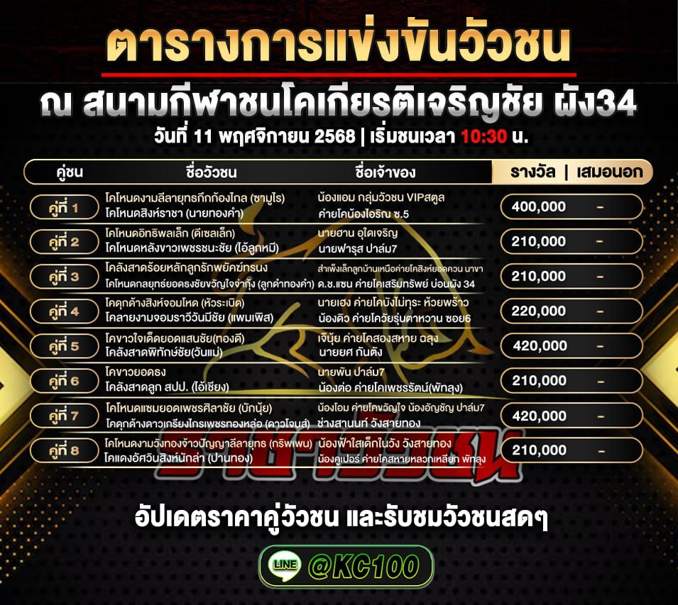 โปรแกรมวัวชนวันนี้ 11-11-2568