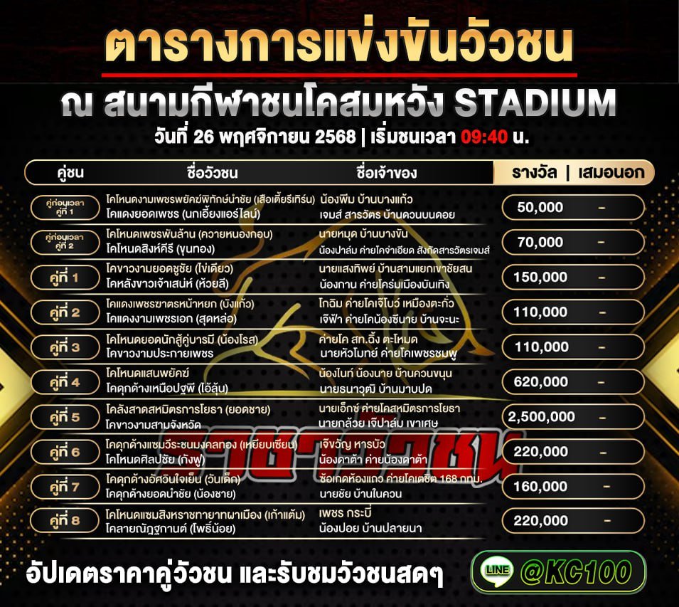 โปรแกรมวัวชนวันนี้ 26-11-2568