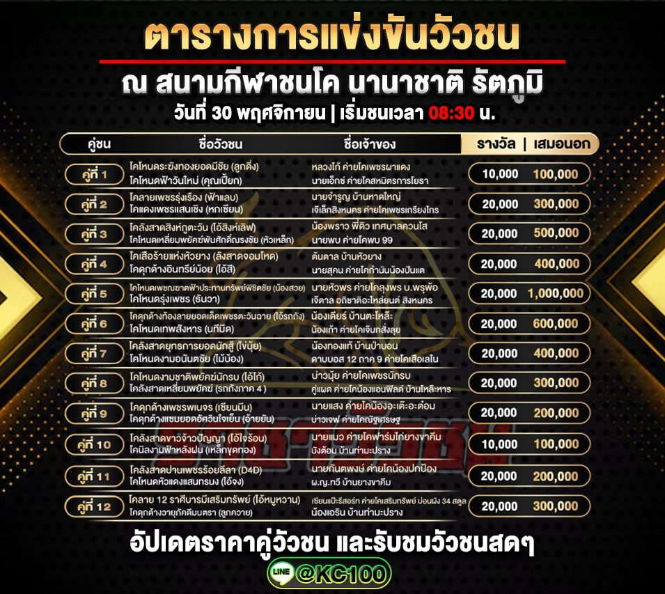 โปรแกรมวัวชนวันนี้ 30-11-2568