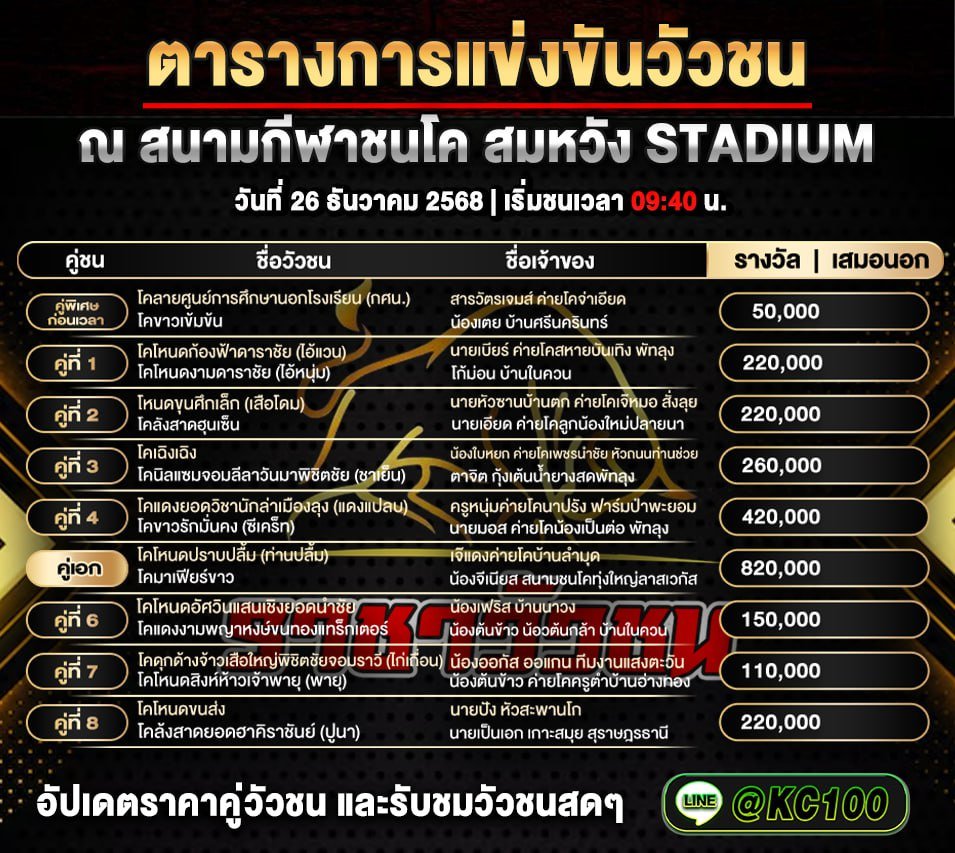 โปรแกรมวัวชนพรุ่งนี้ 26-12-2568