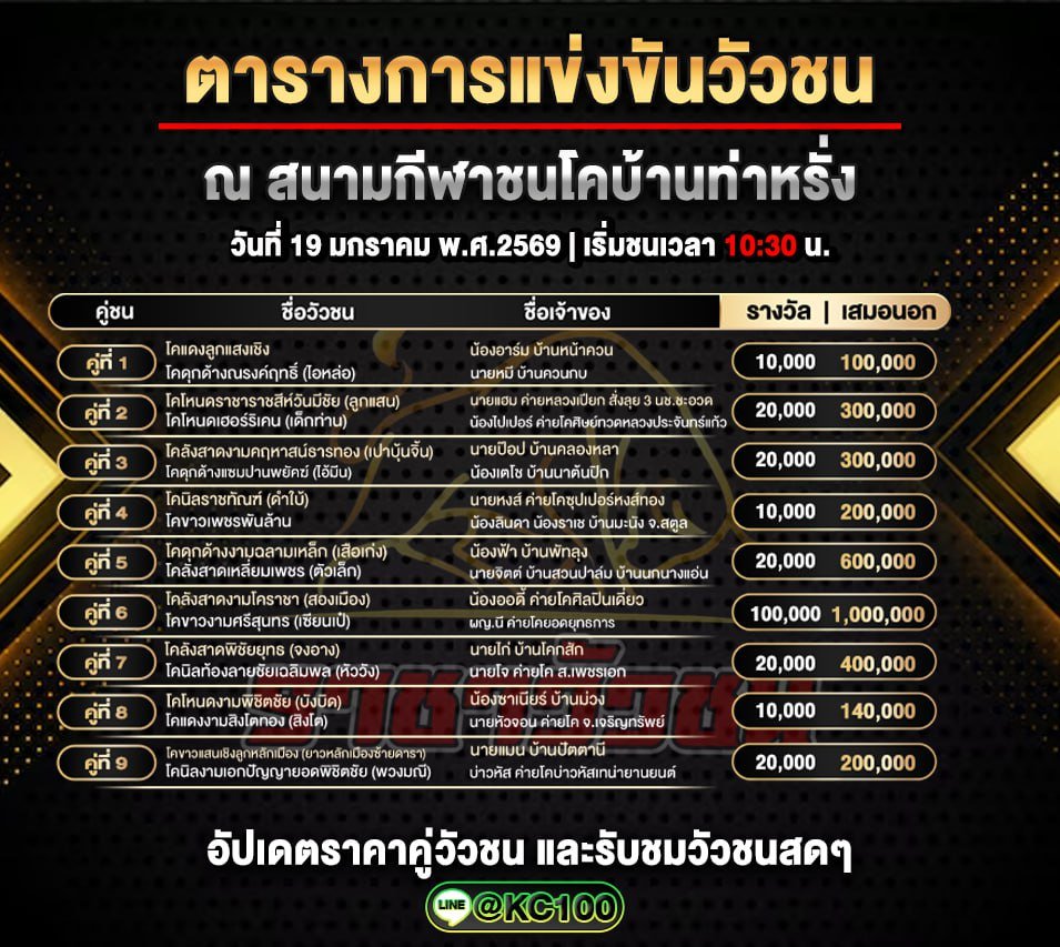 โปรแกรมวัวชนพรุ่งนี้ 19-1-2569
