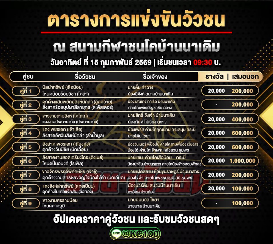 โปรแกรมวัวชนพรุ่งนี้ 15-2-2569