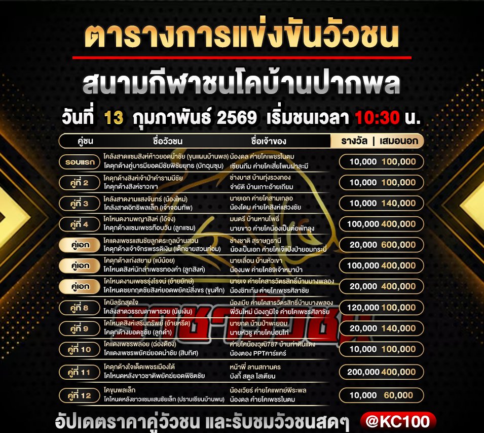 โปรแกรมวัวชนวันนี้ 13-2-2569